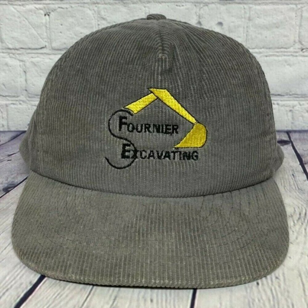 Vintage Hat Cap Snapback Gray Corduroy Fournier Excavating Trucker CRACKED BILL